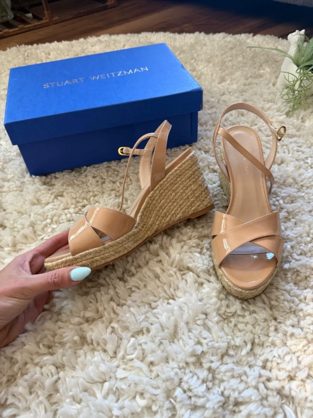 Patent leather wedge sandals NWT Stuart Weitzman Patent Nude/Tan Espadrille Wedg